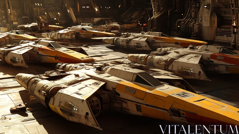 Starfighter squadron slumbers in burnished hangar dusk.