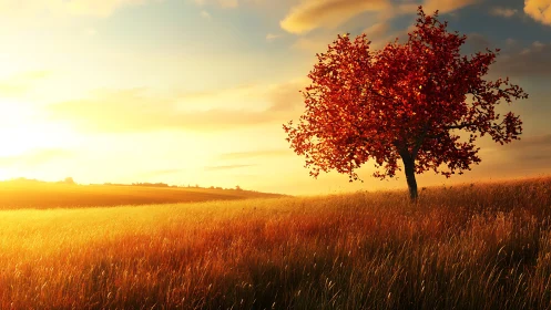 Solitary red tree in glowing golden sunset field landscape.