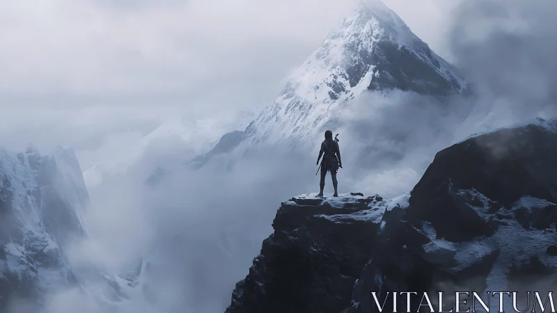Lone adventurer confronts a towering, storm-shrouded peak