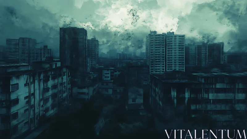 Storm-darkened high rises loom over a decaying silent city