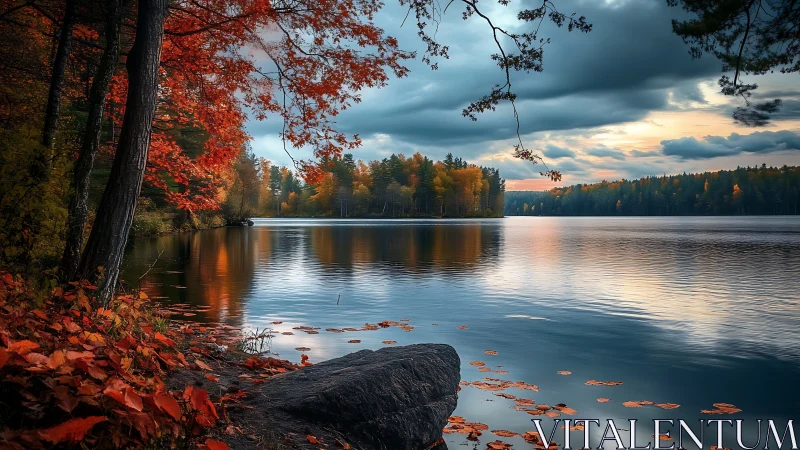 Autumn lakeshore panorama with high dynamic range sky reflections