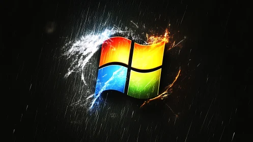Windows logo glows amid contrasting water and fire effects