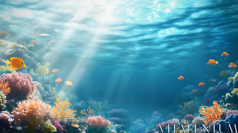 Sunlit coral reef scene with tropical fish in clear water.