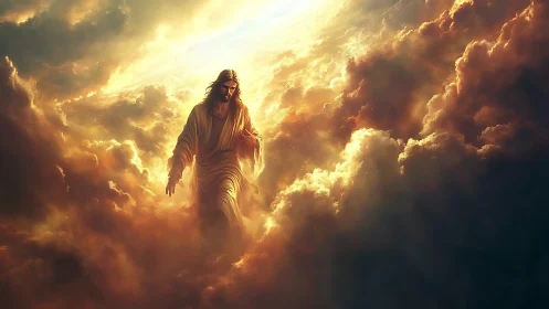 Radiant robed figure descending through celestial clouds.