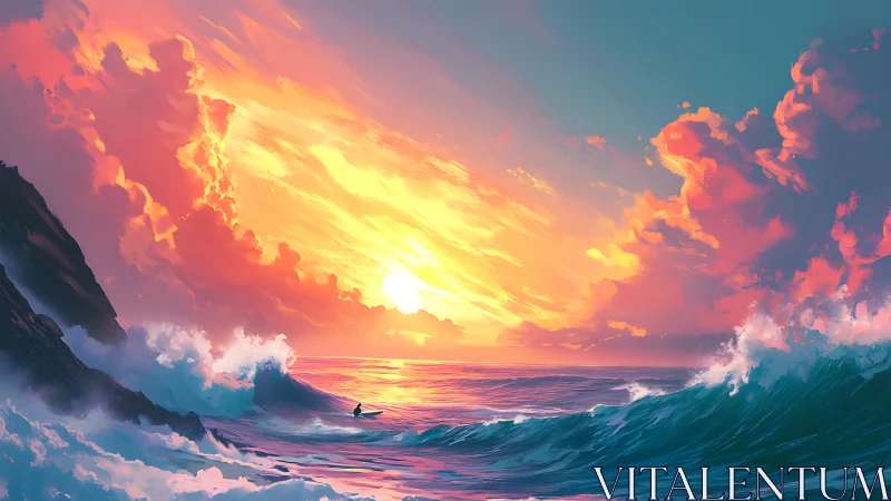 Sunset surfer riding storybook waves beneath glowing sky.