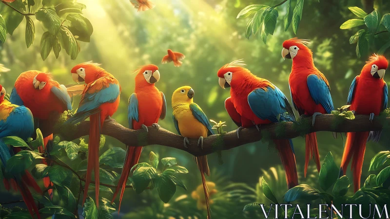 Vibrant Scarlet Macaws and Parrots on Jungle Branch, Realistic Art.