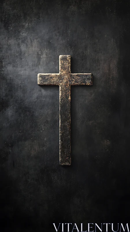 Weathered metal cross on dark textured background surface.