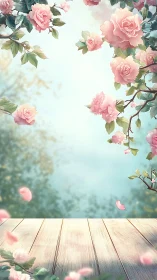 Pink roses frame wooden deck overlooking misty landscape.