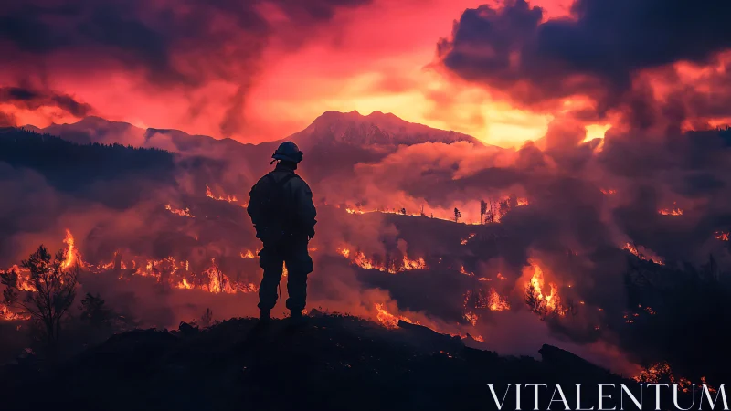 Firefighter Silhouette Observing Massive Wildfire Landscape.