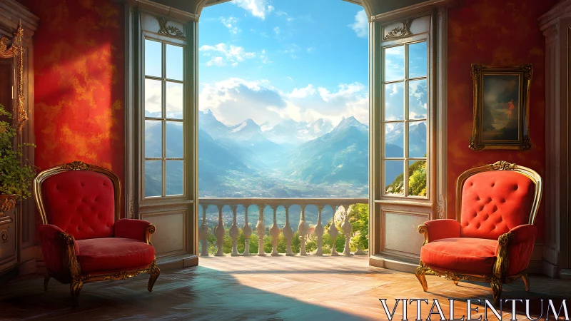 Luxurious red salon opening onto bright alpine valley view.