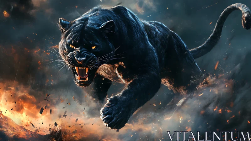Black Panther Charging Through Inferno with Golden Eyes. Digital Rendering.