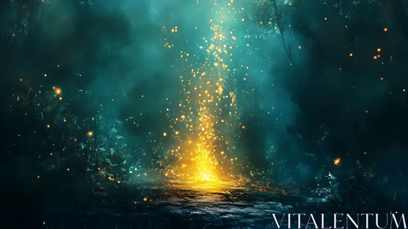 Golden Light Breaks Through Misty Enchanted Forest