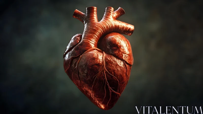 Realistic human heart illustration with anatomical details and dramatic lighting.