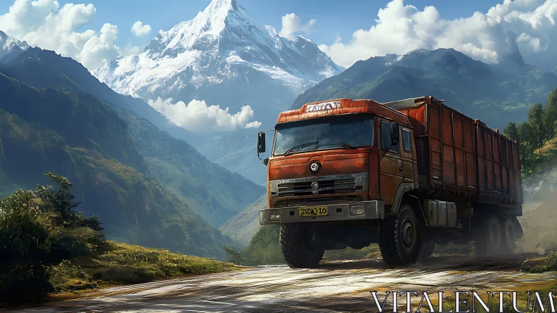 Rusty mountain truck rolling beneath bright snowy peaks.