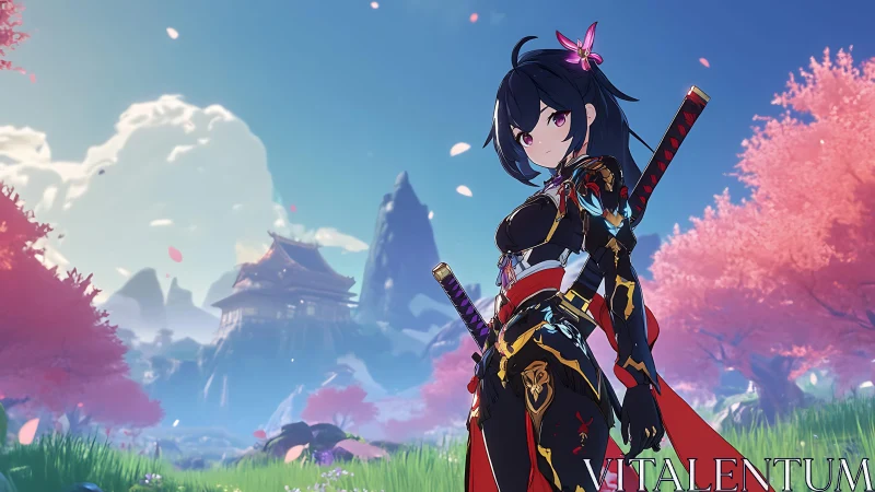Samurai heroine in sakura valley with cel shaded armor design.