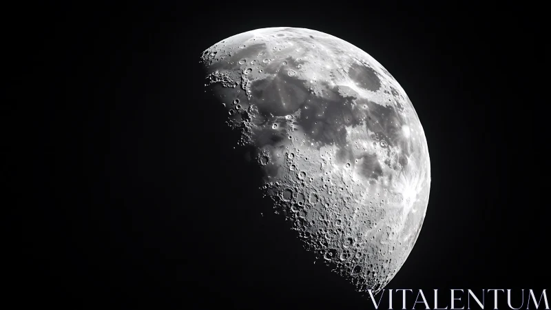 High contrast half moon with detailed craters in space.