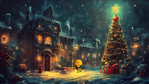 Nocturnal winter square with lit tree and stylized mascot figure.