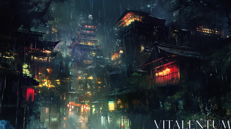 Rain-soaked night city shows dense lantern-lit hillside buildings