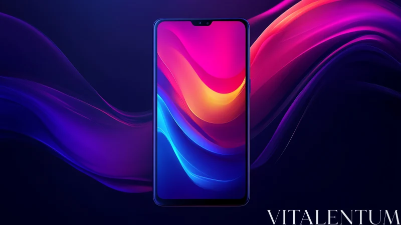 Smartphone Displaying Fluid Gradient Wallpaper Against Neon Backdrop.