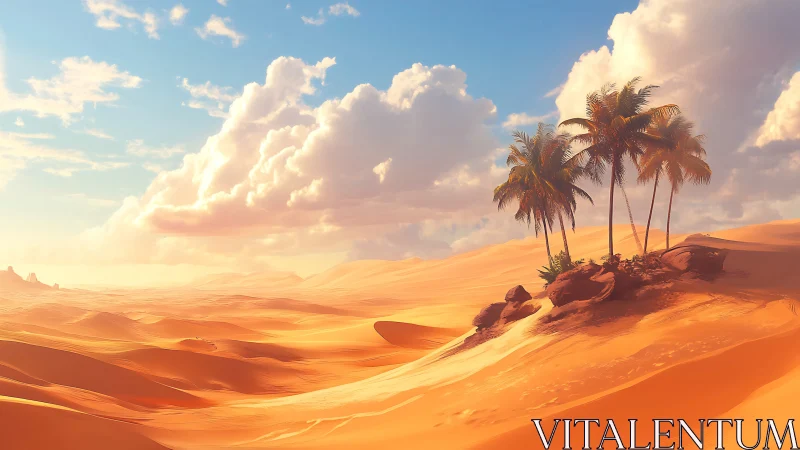 Palm cluster on sand dunes under expansive clouded sky.