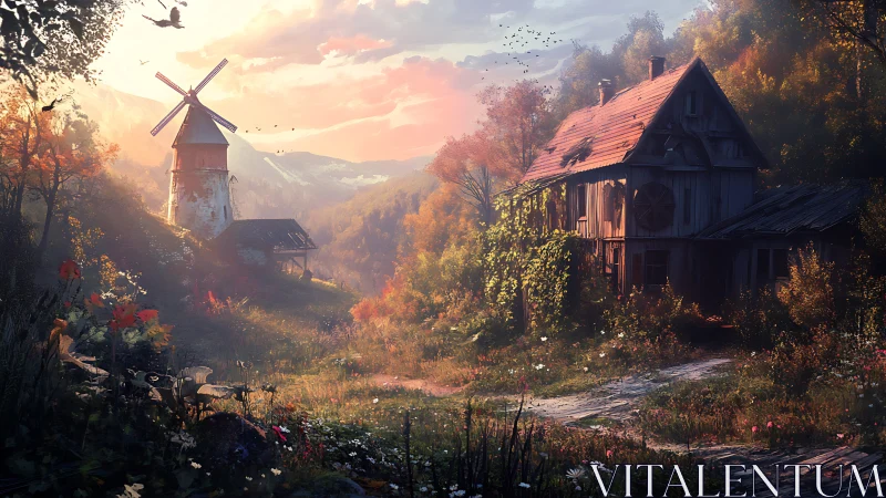 Sunlit hilltop windmill and ivy-wrapped cottage in bloom.