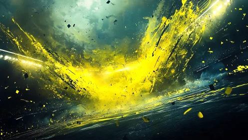 Yellow energy burst across stadium field under dark sky.