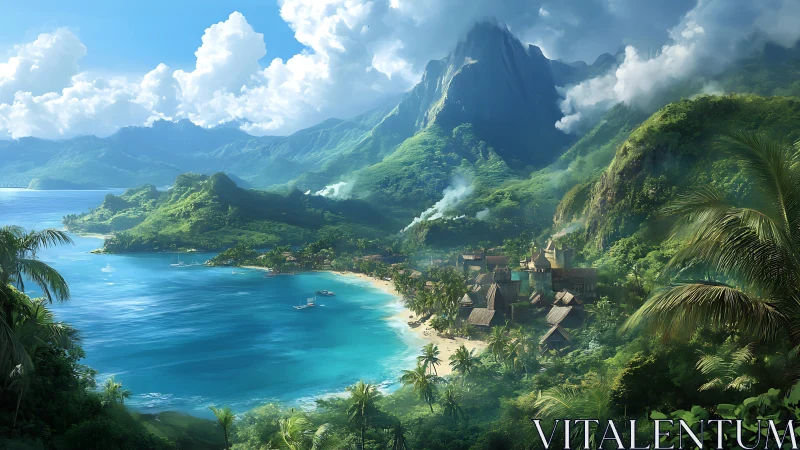 Tropical island bay with steep volcanic cliffs, lush vegetation and turquoise waters