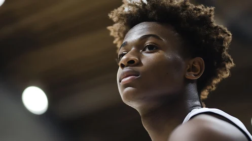 Young basketball player glows with quiet game-time focus.