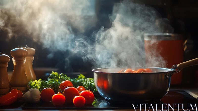 Stainless saucepan steams over tomatoes and herbs in warm light.