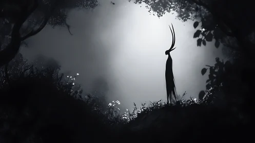 Tall horned silhouette stands alone in misty forest clearing.