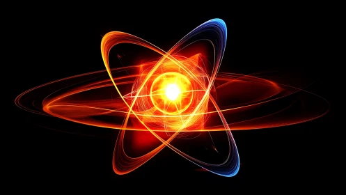 Stylized atomic structure is depicted with luminous particle orbits