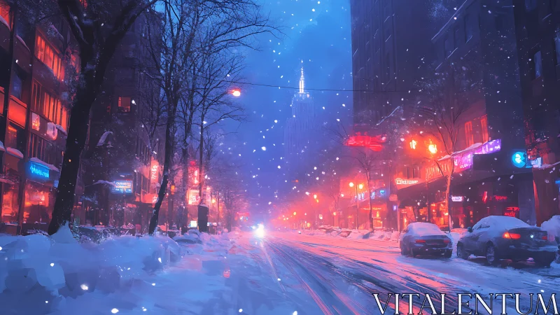 Neon-lit winter avenue converges toward distant tower glow