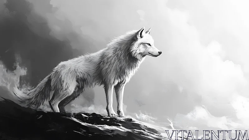 White wolf stands on rocky ridge against overcast sky