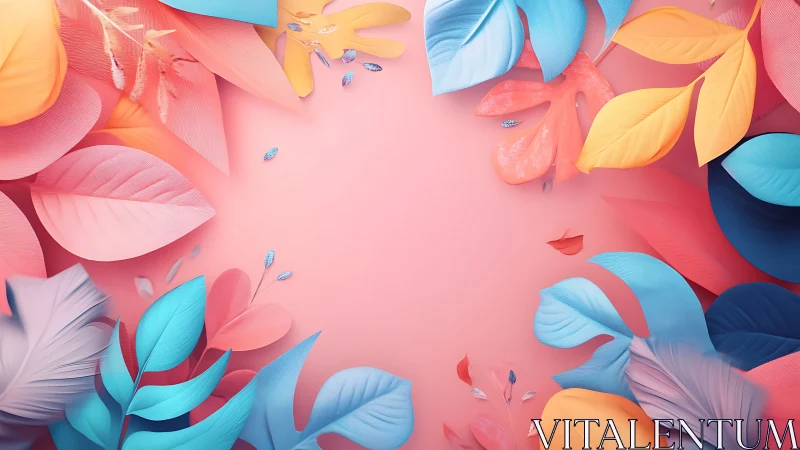 Pastel tropical leaves frame soft coral backdrop beautifully.