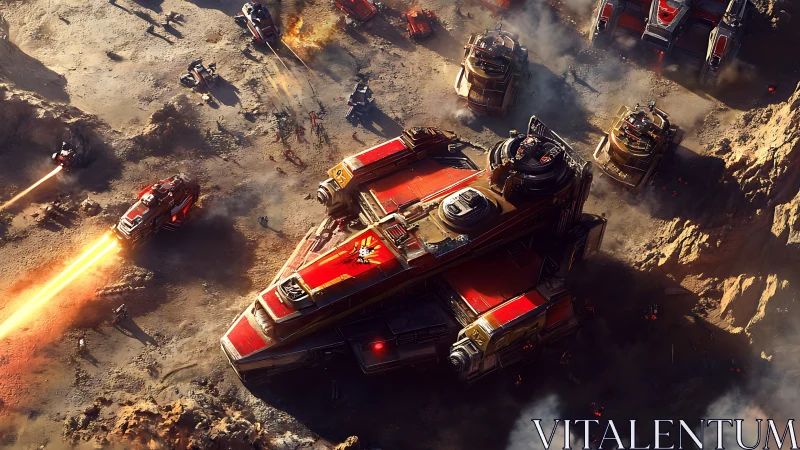 Armored dropship leads a blazing assault in alien canyon.