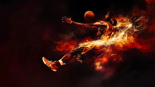 Dynamic fiery basketball slam in explosive digital painting.