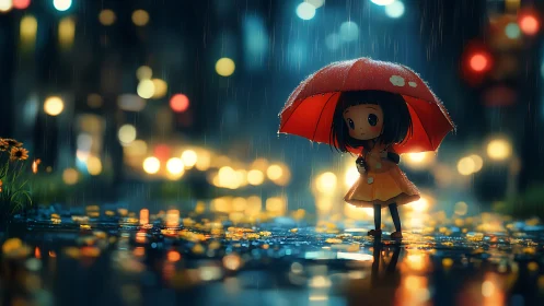 Small umbrella heroine turns rainy city into glowing stage