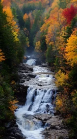 Tiered forest waterfall framed by vivid autumn foliage.