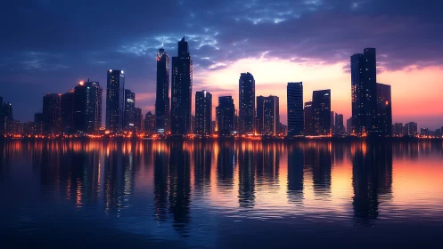 Evening city skyline glows gently above the calm harbor waters