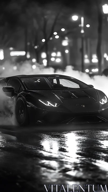 Monochrome supercar night study with cinematic street lighting.