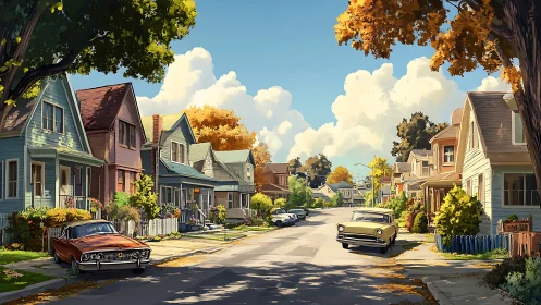 Midcentury suburban street with classic cars under autumn sky