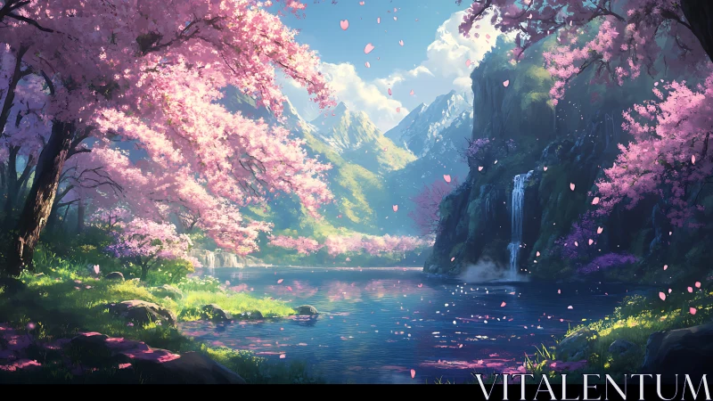 Cherry blossom valley lake with waterfalls and distant peaks