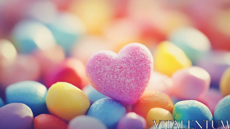 Pink Heart Among Colorful Candy Sphere in Dreamy Bokeh