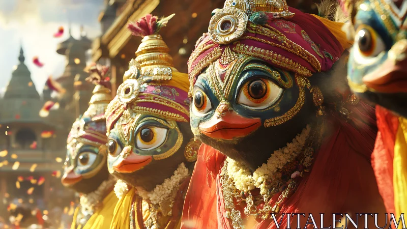 Colorful festival masks glow warmly in a sunlit celebration