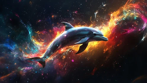 Cosmic dolphin rendered with high-gloss specular highlights and nebular trails