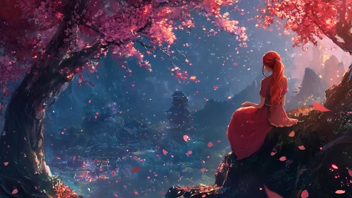 Woman in red dress overlooking night valley of cherry trees.