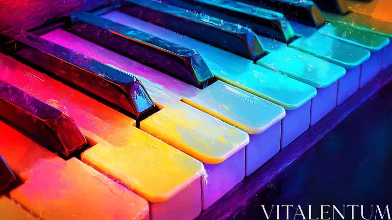 Vibrant digital closeup of multicolored piano keys.