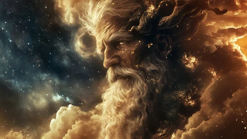 Celestial elder emerges from swirling cosmic storm.