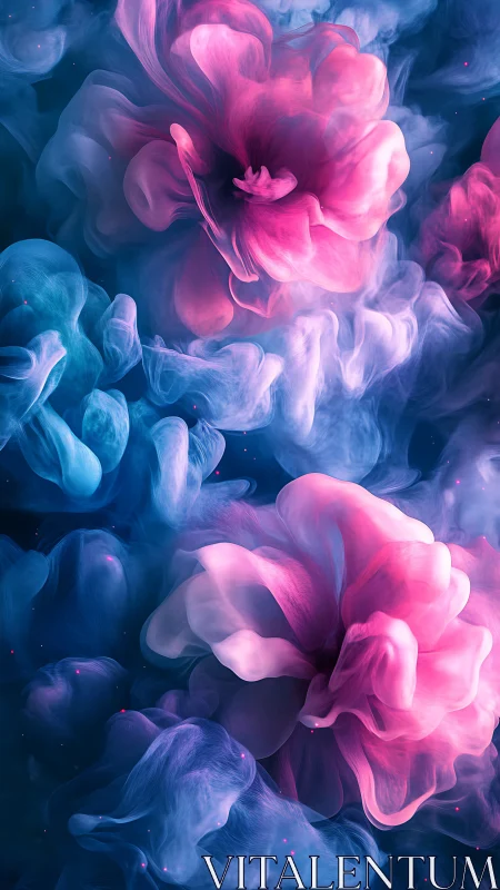 Pink abstract flowers in blue swirling digital clouds.