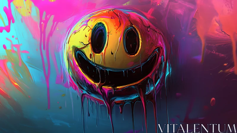 Neon drip smiley face in saturated chromatic abstraction.